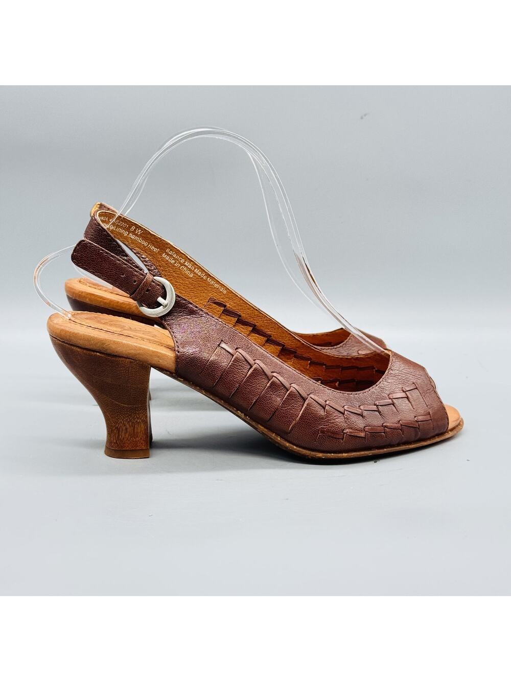 Naya Sandals Womens 8 Brown Leather Fandanga Slingback Peep Toe Spool Heel Shoes